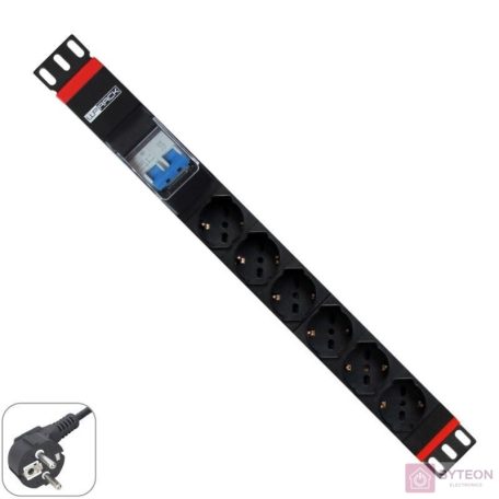WP Multiple Socket for rack 19"– 6 Italian/Schuko sockets  with 2P circuit braker 1A/60A, 1 unit  - Schuko Plug
