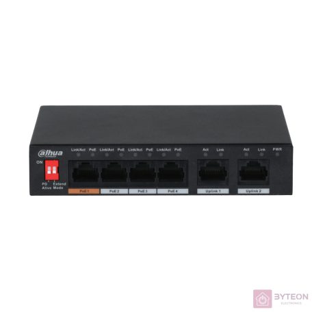 Dahua PFS3006-4ET-60 1x 10/100(HighPoE/PoE+/PoE)+3x 10/100(PoE+/PoE) + 2x 10/100 uplink, 60W PoE switch