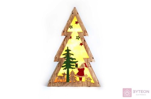Fenyőfa alakú Télapó mintás/20x29,5x4,5cm/meleg fehér LED-es fa fénydekoráció