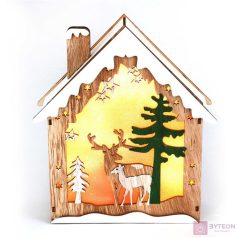   Faház alakú rénszarvas mintás/18,5x21cm/meleg fehér LED-es fa fénydekoráció