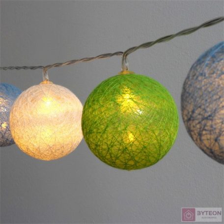 Gömb alakú 6cm/színes fonott/1,5m/zöld-kék-fehér/10db LED-es/USB-s fénydekoráció