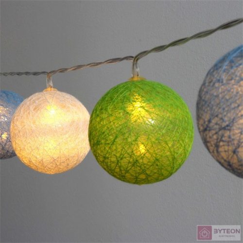 Gömb alakú 6cm/színes fonott/1,5m/zöld-kék-fehér/10db LED-es/USB-s fénydekoráció