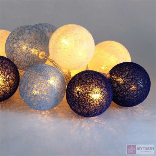 Gömb alakú 6cm/színes fonott/1,5m/kék-v.kék-fehér/10db LED-es/USB-s fénydekoráció