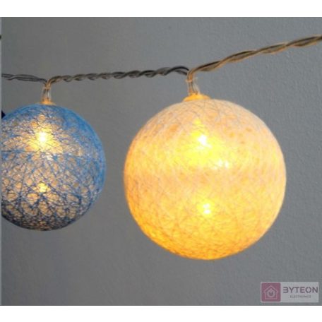 Gömb alakú 6cm/színes fonott/3m/kék-v.kék-fehér/20db LED-es/USB-s fénydekoráció