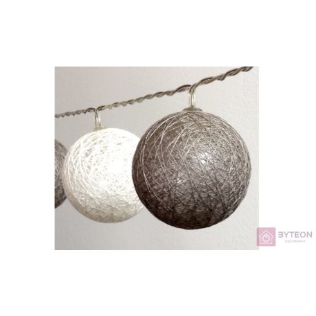 Gömb alakú 6cm/színes fonott/4,5m/szürke-fehér/30db LED-es/USB-s fénydekoráció