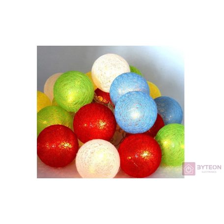 Gömb alakú 6cm/színes fonott/3m/több színű/20db LED-es/USB-s fénydekoráció