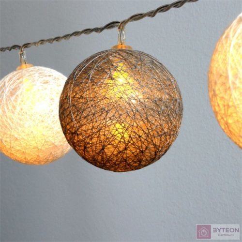 Gömb alakú 6cm/színes fonott/3m/szürke-fehér/20db LED-es/USB-s fénydekoráció