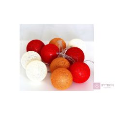   Gömb alakú 6cm/színes fonott/1,5m/piros-narancs-meleg fehér/10db LED-es/USB-s fénydekoráció