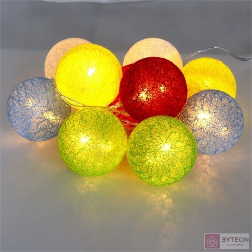 Gömb alakú 6cm/színes fonott/1,5m/több színű/10db LED-es/USB-s fénydekoráció