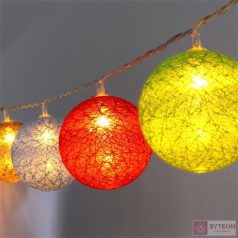   Gömb alakú 6cm/színes fonott/1,5m/barna-piros-kék-zöld/10db LED-es/USB-s fénydekoráció