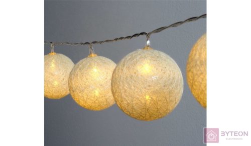 Gömb alakú 6cm/színes fonott/1,5m/meleg fehér/10db LED-es/USB-s fénydekoráció