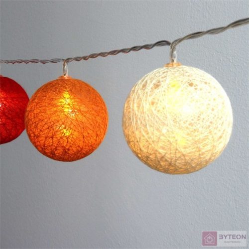 Gömb alakú 6cm/színes fonott/3m/piros-narancs-meleg fehér/20db LED-es/USB-s fénydekoráció