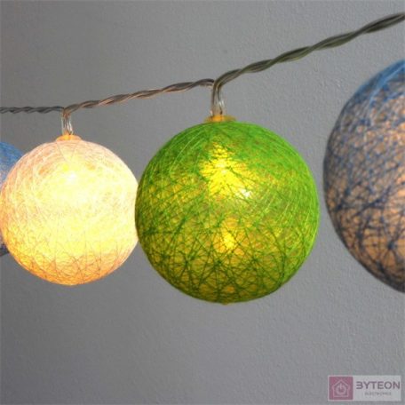 Gömb alakú 6cm/színes fonott/3m/zöld-kék-fehér/20db LED-es/USB-s fénydekoráció