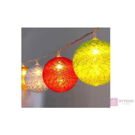 Gömb alakú 6cm/színes fonott/3m/barna-piros-kék-zöld/20db LED-es/USB-s fénydekoráció