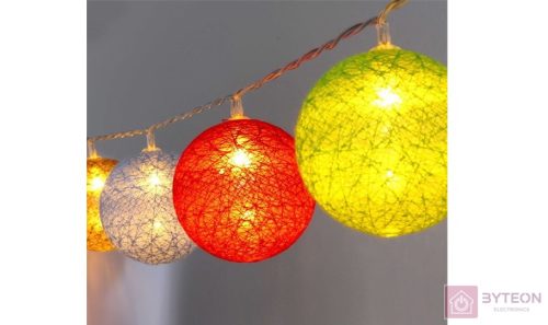 Gömb alakú 6cm/színes fonott/3m/barna-piros-kék-zöld/20db LED-es/USB-s fénydekoráció