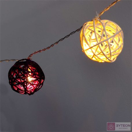 Gömb alakú fonott/rattan/4m/meleg fehér + lila/20db LED-es/3xAA elemes fénydekoráció