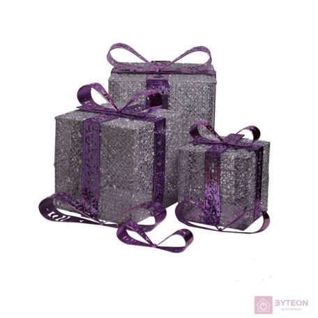 Doboz alakú /1db 20cm, 1db 25cm, 1db 30cm/ ezüst-lila fémdoboz műanyag masnival dekor szett