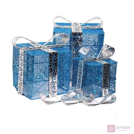 Doboz alakú /1db 20cm, 1db 25cm, 1db 30cm/ kék-ezüst fémdoboz műanyag masnival dekor szett