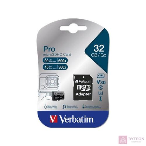VERBATIM "PRO" Memóriakártya, microSDHC, 32GB, Class 10 UHS I, adapterrel