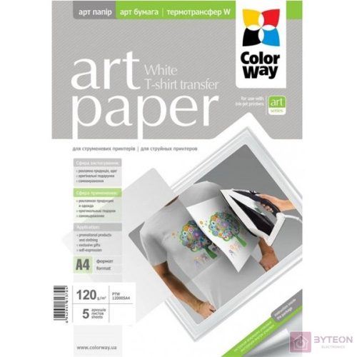 COLORWAY Fotópapír, pólóra vasalható (ART T-shirt transfer, white), 120 g/m2, A4, 5 lap