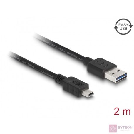 Delock Kábel, EASY-USB 2.0-s A-típusú csatlakozódugó > USB 2.0-s Mini-B-típusú csatlakozódugó, 2 m,