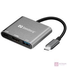   Sandberg Kábel Átalakító - USB-C Mini Dock HDMI+USB (ezüst; USB-C bemenet; HDMI+USB3.0+USB-C power kimenet)