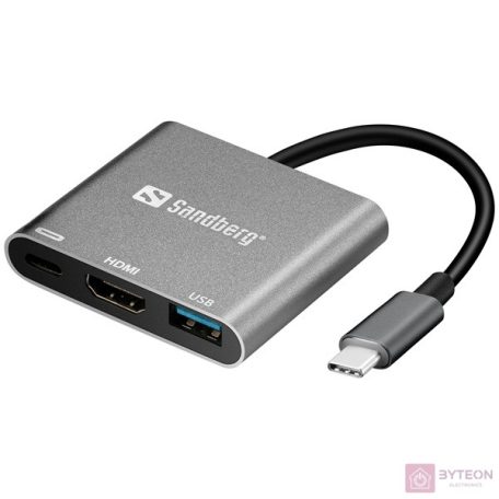 Sandberg Kábel Átalakító - USB-C Mini Dock HDMI+USB (ezüst; USB-C bemenet; HDMI+USB3.0+USB-C power kimenet)