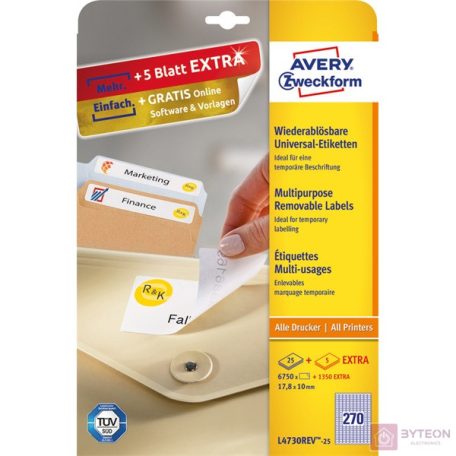 Avery L4730REV-25 nyomtató címke Fehér Öntapadós nyomtatócimke