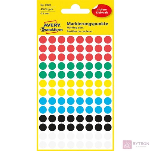 Etikett AVERY 3008 öntapadó jelölőpont vegyes 6 szín 8mm 416 jelölőpont/csomag