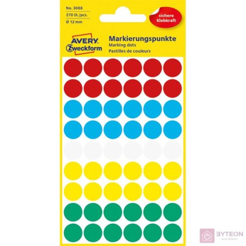 Etikett AVERY 3088 jelölőcimke 12mm 5 vegyes szín 270 címke/doboz 5 ív/doboz