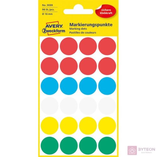 Etikett AVERY 3089 öntapadó jelölőpont vegyes 5 szín 18 mm 96 jelölőpont/csomag