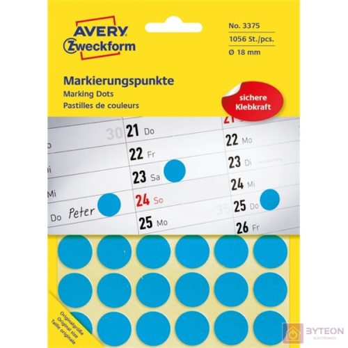Etikett AVERY 3375 jelölőpont 18mm kék 1056 címke/doboz 22 ív/doboz