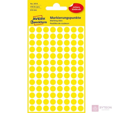 Etikett AVERY 3013 jelölőpont 8mm sárga 416 db/csomag