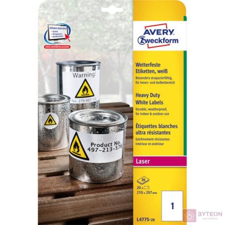 Etikett AVERY L4775-20 210x297mm időjárásálló fehér poliészter lézer 20 címke/doboz 20 ív/doboz
