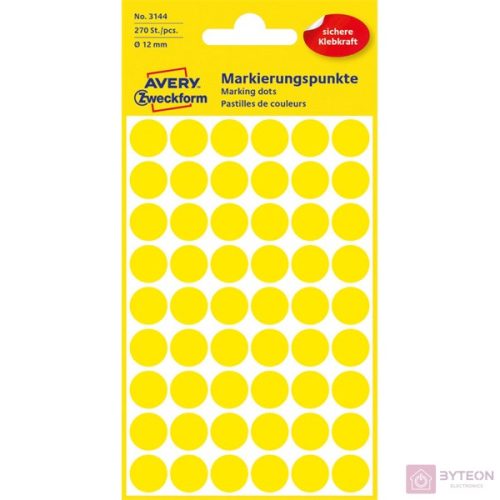 Etikett AVERY 3144 jelölőpont 12mm sárga 270 db/csomag