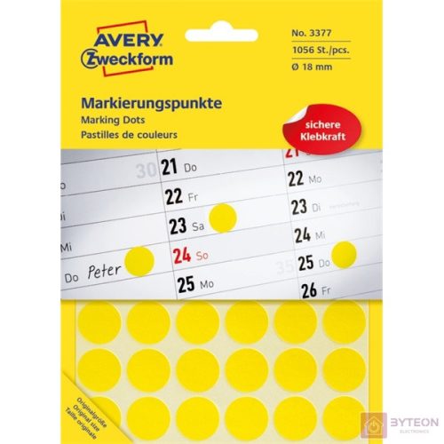 Etikett AVERY 3377 öntapadó jelölőpont sárga 18mm 1056 jelölőpont/csomag
