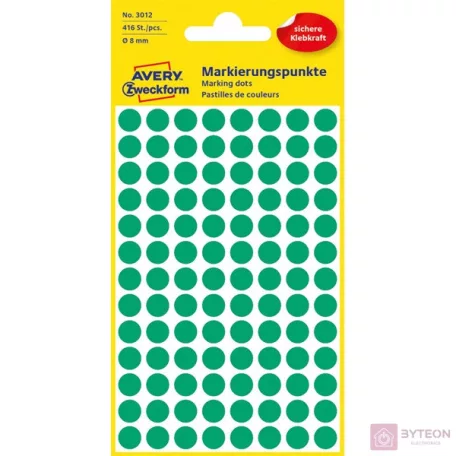 Etikett AVERY 3012 jelölőpont 8mm zöld 416 db/csomag