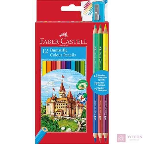 Színes ceruza FABER-CASTELL hatszögletű 12 db/készlet+ 3 db kétvégű ceruza