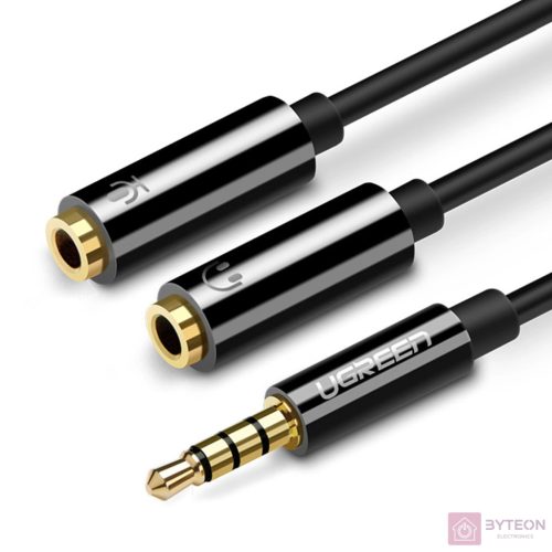 UGREEN AV141 AUX audio elosztó 3,5 mm-es mini jack kábel (dugós) a fejhallgatóhoz + mikrofon (anya), 20 cm (fekete)