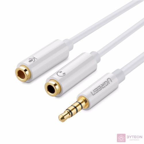 UGREEN AV141 AUX hangelosztó 3,5 mm-es mini jack (férfi) fejhallgatóhoz + mikrofonhoz (anya), 20 cm (fehér)
