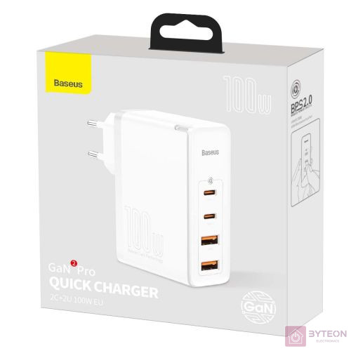 Baseus GaN2 Pro fali töltő, 2x USB + 2x USB-C, 100W, EU (fehér)