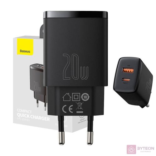 Baseus kompakt gyorstöltő, USB, USB-C, 20 W (fekete)