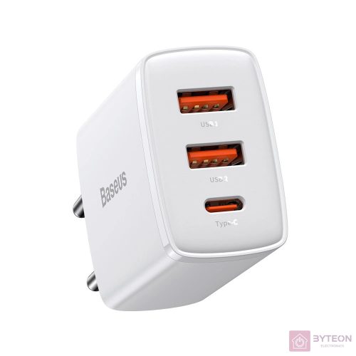 Baseus kompakt gyorstöltő, 2xUSB, USB-C, PD, 3A, 30 W (fehér)