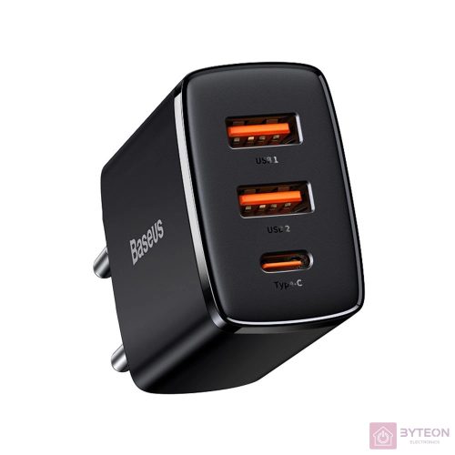 Baseus kompakt gyorstöltő, 2xUSB, USB-C, PD, 3A, 30 W (fekete)