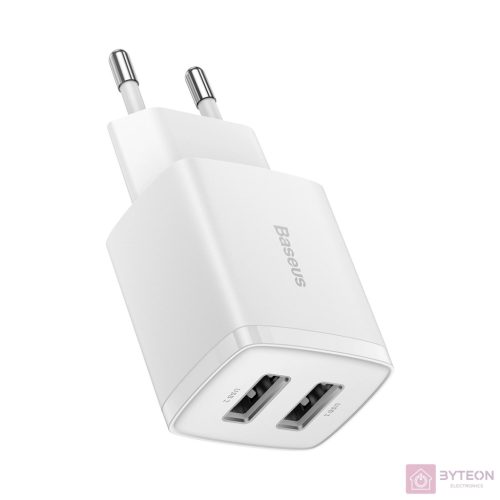 Baseus kompakt gyorstöltő, 2x USB, 10.5W (fehér)