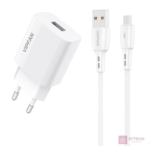 Vipfan E01 hálózati töltő, 1x USB, 2,4A + Micro USB kábel (fehér)