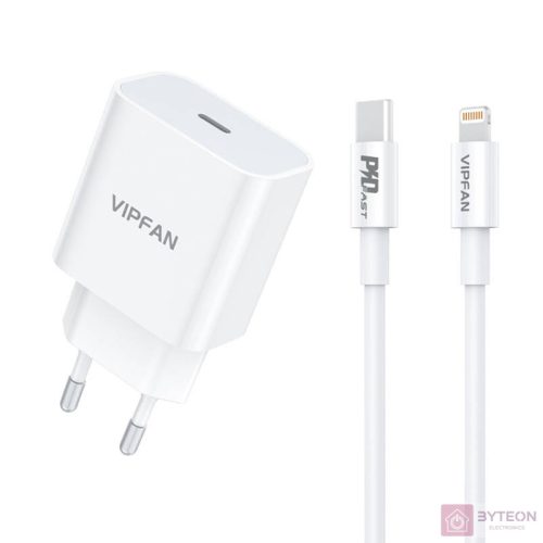 Vipfan E04 fali töltő, USB-C, 20W, QC 3.0 + Lightning kábel (fehér)