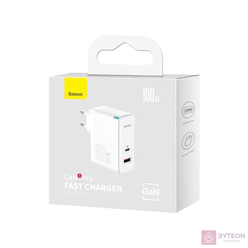 Baseus GaN5 Pro USB-C + USB fali töltő, 100W  + 1m kábel (fehér)