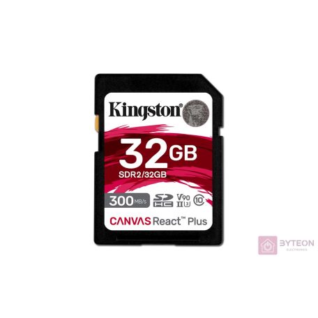 KINGSTON 32GB Canvas React Plus SDHC UHS-II 300R/260W U3 V90 for Full HD/4K/8K