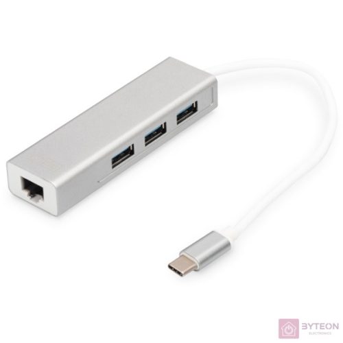 DIGITUS 3 Port USB 3.0 Type C Hub with Gigabit Ethernet 3xUSB A/F 1xUSB C/M 1xRJ45 LAN Supports Windows and Mac OS